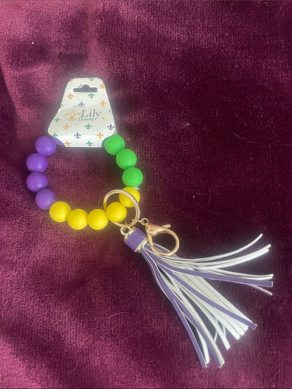 Beaded Keychain Bracelet with Purple, Green & Yellow Beads